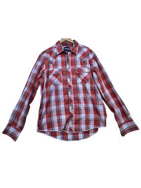 Wrangler Mens Long Sleeve Plaid Western Button Up Shirt Large Red Pearl Snap Top